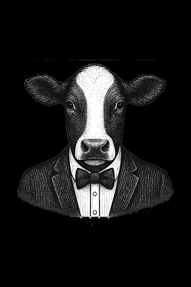 Hermannssohn Consulting Logo — Kuh im Anzug mit Fliege, Symbol für die Verbindung aus bäuerlicher Herkunft und professioneller Beratung